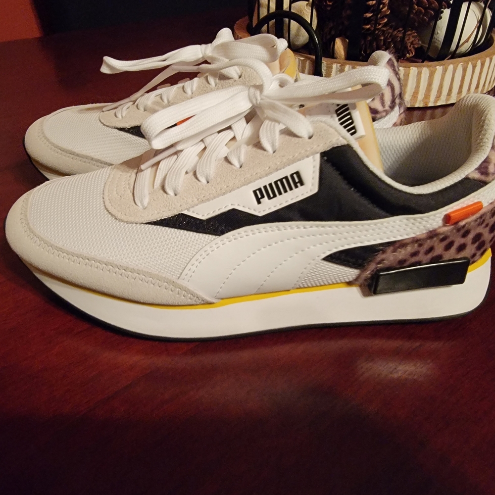 Puma White and Black Sneakers with Leopard Accent